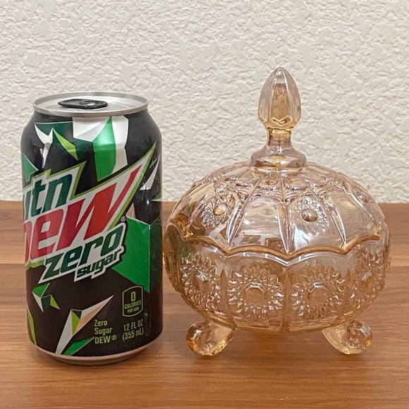 Iridescent Gold Crystal Carnival Glass Footed Flower Relief Lidded Candy Dish - Picture 3 of 12